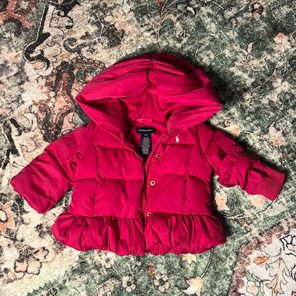 Vintage Baby Girl Ralph Lauren Down puffer ruffle hot pink winter coat ski